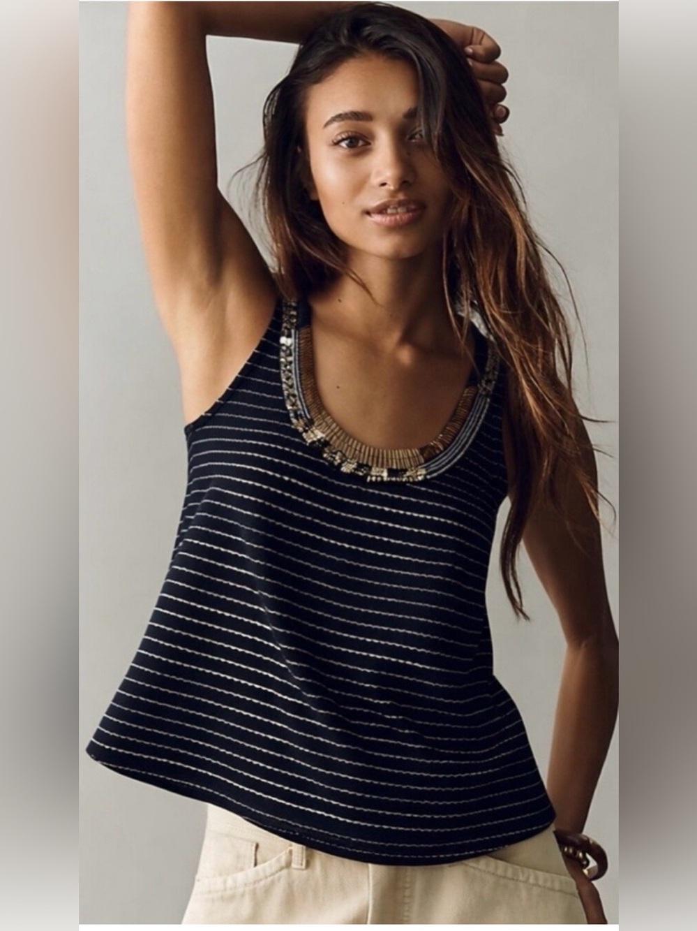 Free People beaded split-back tank top black with metallic and beaded neckline L